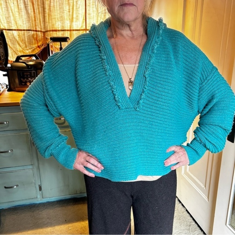 Free People Oversized Chunky Turquoise V Neck Sweater